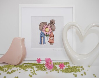 Picture "In Love" cross stitch framed 20 x 20 cm children's room decoration