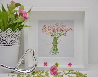 Embroidery picture "Bellisstrauß" cross stitch after Ch.Dahlbeck framed 25 x 25 cm flower decoration daisies