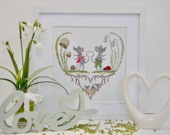 Picture “Spring Awakening with the Mouse Family” cross stitch after Kissycross framed 30 x 30 cm spring decoration