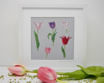 Bild "Tulpenblüte" Kreuzstich nach Ch. Dahlbeck gerahmt 25x25cm Sommerdeko Blumenmotiv