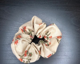 Large Tan Scrunchie with Red and Green Floral Pattern - Hair Tie - Hair Elastic - Hair Care - Thick Hair - Curly Hair