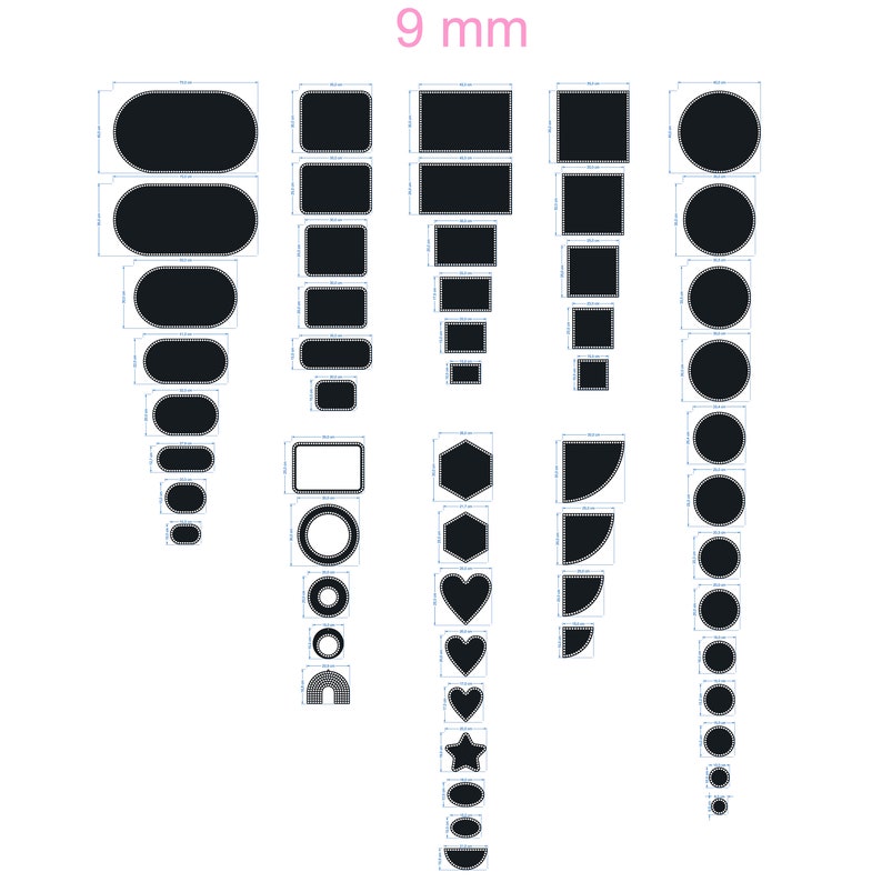 Peut inclure: Un ensemble de formes d&eacute;coup&eacute;es en noir et blanc de 9 mm, comprenant des cercles, des carr&eacute;s, des rectangles, des ovales, des c&oelig;urs, des &eacute;toiles, des hexagones et des arches. Les formes sont dispos&eacute;es en colonnes et en rang&eacute;es sur un fond blanc.