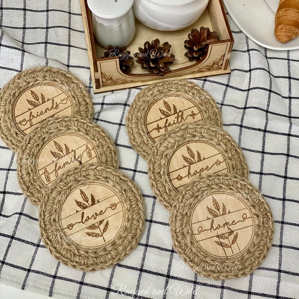 Craft Blanks for Crochet Coasters. Wooden round coasters engraved set with stand ( holder ) Set of 6 pieces + holder. Perfect for jute, yarn