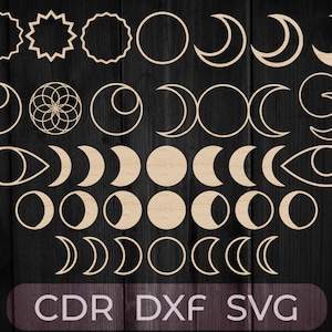 May include: A set of 24 wood cutouts in the shape of moons, stars, and other celestial symbols. The cutouts are arranged in rows on a dark wood background. The text "CDR DXF SVG" is at the bottom of the image.
