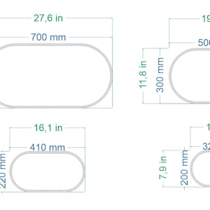 Peut inclure: Diagramme montrant les dimensions de quatre objets de forme ovale en pouces et en millim&egrave;tres. Le plus grand ovale mesure 27,6 pouces sur 13,8 pouces, soit 700 millim&egrave;tres sur 350 millim&egrave;tres. Le deuxi&egrave;me plus grand ovale mesure 19,7 pouces sur 11,8 pouces, soit 500 millim&egrave;tres sur 300 millim&egrave;tres. Le troisi&egrave;me plus grand ovale mesure 16,1 pouces sur 8,7 pouces, soit 410 millim&egrave;tres sur 220 millim&egrave;tres. Le plus petit ovale mesure 12,6 pouces sur 7,9 pouces, soit 320 millim&egrave;tres sur 200 millim&egrave;tres.