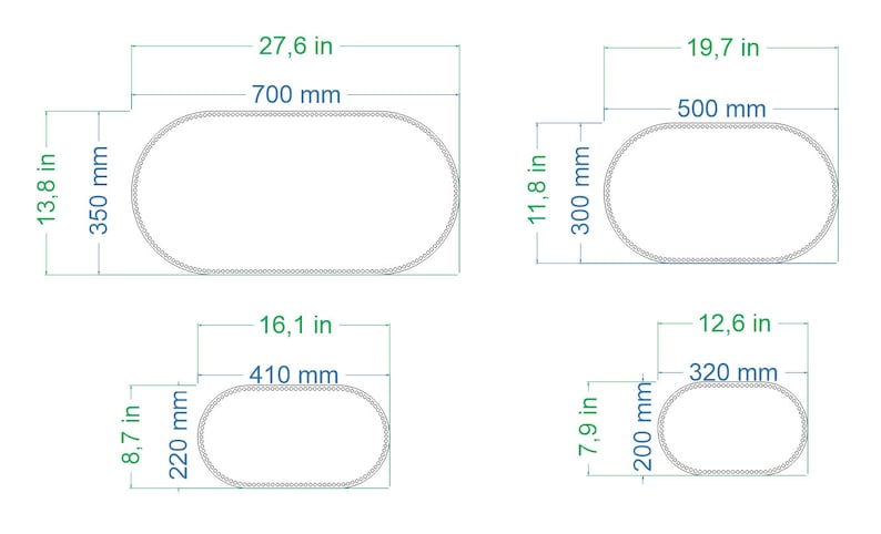 Peut inclure: Diagramme montrant les dimensions de quatre objets de forme ovale en pouces et en millim&egrave;tres. Le plus grand ovale mesure 27,6 pouces sur 13,8 pouces, soit 700 millim&egrave;tres sur 350 millim&egrave;tres. Le deuxi&egrave;me plus grand ovale mesure 19,7 pouces sur 11,8 pouces, soit 500 millim&egrave;tres sur 300 millim&egrave;tres. Le troisi&egrave;me plus grand ovale mesure 16,1 pouces sur 8,7 pouces, soit 410 millim&egrave;tres sur 220 millim&egrave;tres. Le plus petit ovale mesure 12,6 pouces sur 7,9 pouces, soit 320 millim&egrave;tres sur 200 millim&egrave;tres.