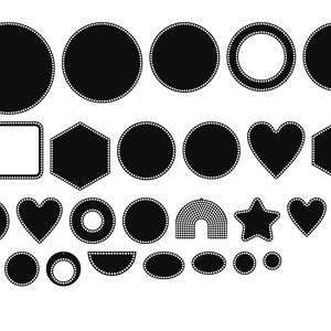 Peut inclure: Un ensemble de 25 formes noires et blanches, y compris des cercles, des c&oelig;urs, des &eacute;toiles et un arc-en-ciel. Les formes sont toutes remplies de noir et ont un contour blanc.