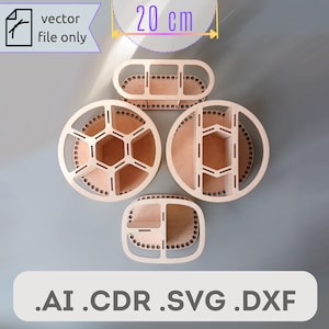 Puede incluir: Cuatro estantes de pared decorativos de madera en varias formas geométricas, incluyendo diseños ovalados y circulares. El estante más grande mide 20 cm de ancho. La imagen incluye el texto "vector file only" y las extensiones de archivo .AI .CDR .SVG .DXF.