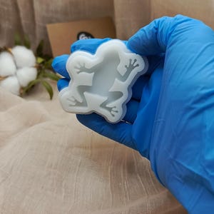 Può includere: Uno stampo in silicone bianco traslucido a forma di rana con arti dettagliati e una superficie liscia. Lo stampo è tenuto in una mano che indossa un guanto in nitrile blu brillante, mostrando il materiale chiaro e flessibile per colate creative.
