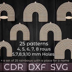 May include: 25 patterns of rainbow arches with 4 to 8 rows of holes. The holes are 5, 7, 8, 9, and 10 mm in diameter.  The text "25 patterns", "4, 5, 6, 7, 8 rows", "5,7,8,9,10 mm Holes", and "+ a set of 25 rainbows with a place for a name" is printed below the arches. The text "CDR DXF SVG" is printed below the text.