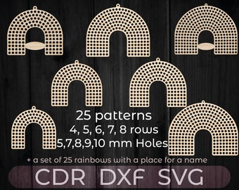 Grand lot de 25 arcs-en-ciel. Fichier de coupe (svg, dxf, cdr) pour la base au crochet arc-en-ciel avec 4, 5, 6, 7, 8 rangs. Lime laser CNC. Trou de 5,7,8,9,10 mm.