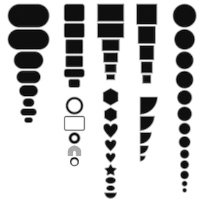 Peut inclure: Un ensemble de formes g&eacute;om&eacute;triques noires de diff&eacute;rentes tailles, comprenant des cercles, des carr&eacute;s, des rectangles, des hexagones, des c&oelig;urs, des &eacute;toiles et des demi-cercles. Les formes sont dispos&eacute;es en colonnes, les plus grandes en haut et les plus petites en bas.