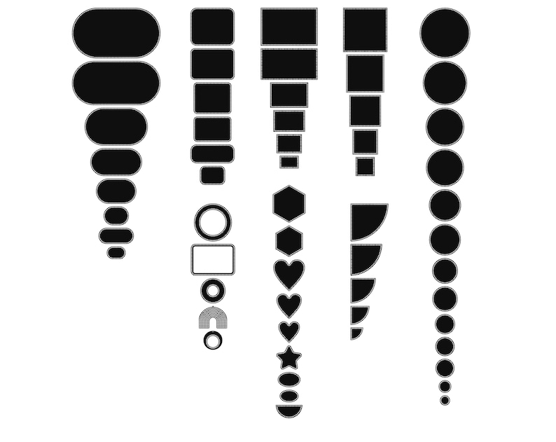 Peut inclure: Un ensemble de formes g&eacute;om&eacute;triques noires de diff&eacute;rentes tailles, comprenant des cercles, des carr&eacute;s, des rectangles, des hexagones, des c&oelig;urs, des &eacute;toiles et des demi-cercles. Les formes sont dispos&eacute;es en colonnes, les plus grandes en haut et les plus petites en bas.