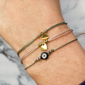 Herz & Böses Auge Armband | Seidenkordel Armband | Verstellbare | Edelstahl Gold | Schwarzes Böses Auge