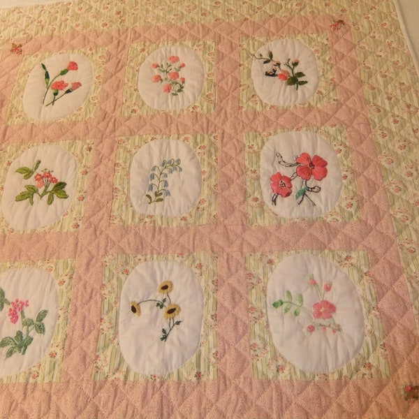 Pink Embroidered Floral 'Window Pane" Baby Quilt, Lap Quilt or Wall Hanging