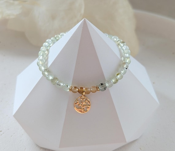 Edelstein Armband Prehnit und Citrin, handgefertigtes Armband mit Anhänger Sterling Silber, Baum des Lebens, Geschenkidee für Frauen