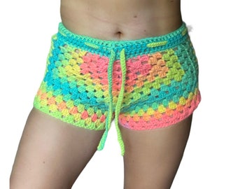 Rainbow gradient crochet granny square drawstring festival rave shorts