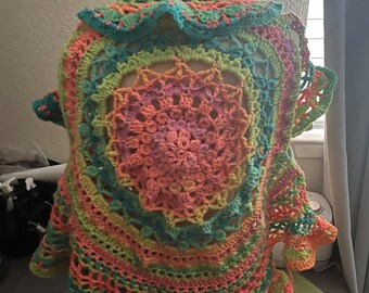 Handmade crochet medium mandala festival vest hippie shrug neon rainbow Ombre gradient modified pattern by Hooked On Crochet