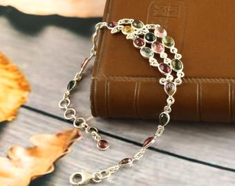 Natural Multi-Color Tourmaline Bracelet, 7 Inch Smooth Oval Beads, India Made