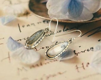 Sterling Silver Dentrio Opal Teardrop Earrings, Natural Gemstone Studs