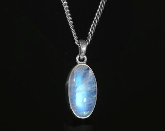 Rainbow Moonstone Pendant, 925 Sterling Silver Oval Necklace