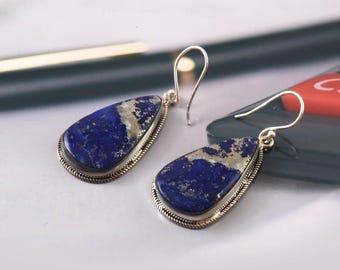 Sodalite Pear Drop Earrings: Bohemian Oxidized Sterling Silver