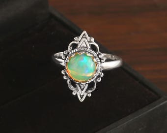 Natural Ethiopian Opal Halo Ring White Topaz Surround 925 Sterling Silver Elegant Ring