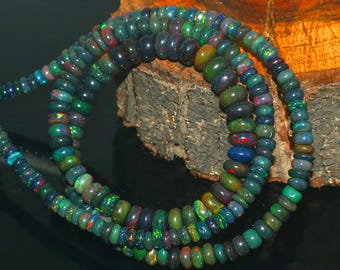 Ethiopian Opal Rondelle Beads Necklace: Smooth Black Natural Gemstone, 17 Inch