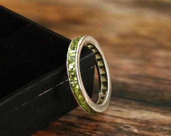 Peridot Eternity Band Ring: Square Green Gemstone, Sterling Silver Handmade Mine Ring