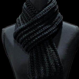 Black Skinny Longline Scarf | Crocheted Ribbed Neck Warmer | Delta Noir | Obsidian Quiet