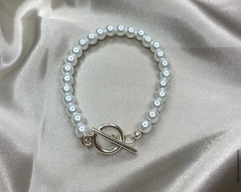 Our ‘Posie’ Glass Pearl bracelet with a sterling silver toggle clasp