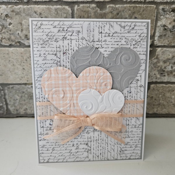 Pink, Gray and White Heart Handmade Card - Anniversary Card - Birthday Card - Wedding Card - Valentine Card - Stampin Up