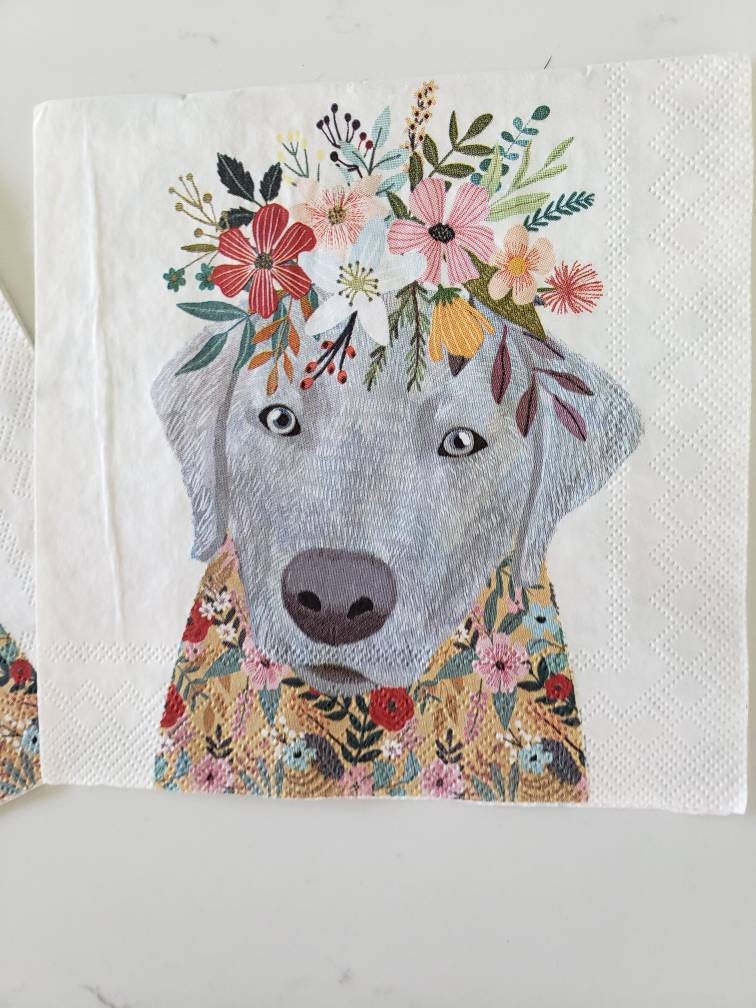 Floral Dog Themed Paper Napkin Set of 2 Decoupage Etsy