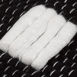 May include: Close-up of a white fabric patch sewn onto a black fabric background. The patch is made of several layers of fabric, creating a textured look.