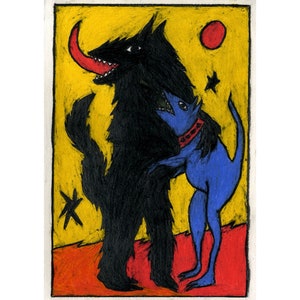 Op de afbeelding: Een zwarte wolf met een rode tong en een blauwe hond met een rode halsband staan op een gele achtergrond met rode en oranje accenten. Er zijn sterren en een rode cirkel op de achtergrond.