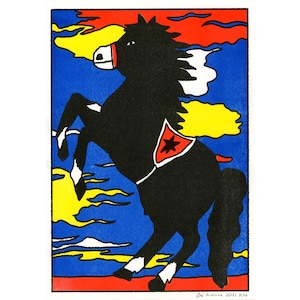 May include: A black horse with a red star on its saddle, rearing up against a blue, yellow, and red background. The horse is silhouetted against the colorful sky.