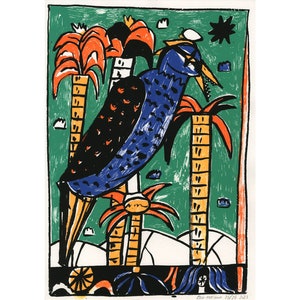 Serigrafia, 5 strati, carta Schut spessa 300 grammi, Stampato a mano, Artigianale, Stampa artistica, Serie artistica, Natura, Uccello, Fiore, Colore - Uccello selvatico