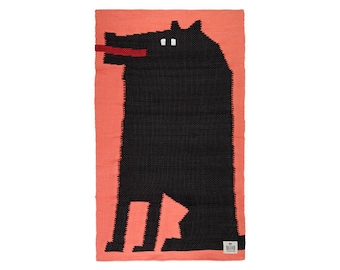 Art Rug with Wolf in Orange and Black. Handmade in Portugal from Waste from the Local Textile Industry - Inside Wilderniss.