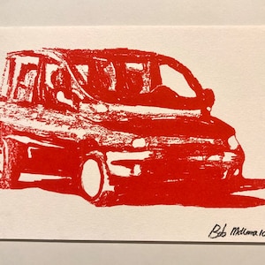 Risograph, Fiat Multipla, A5, Red Car, Fun Print, Print, Artwork, Art Print, Risography, Risoprint, 1 Layers, Thick 350 Grams Schut Paper