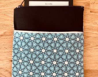 reversible e-reader cover in blue, white and black geometric print fabric