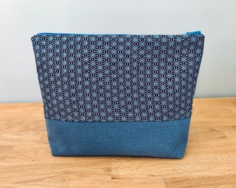 blue gray and black lined fabric toiletry bag with Japanese print