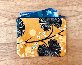 porte-monnaie tissu velours imprimé fleurs doublé jaune moutarde et bleu