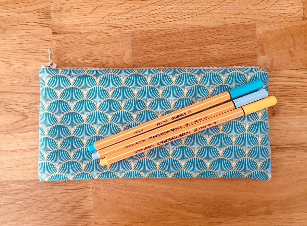 Trousse à Crayons en Tissu Japonais Bleu et Or Doublée