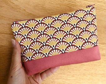 Two-tone lined fabric pouch old pink printed fans