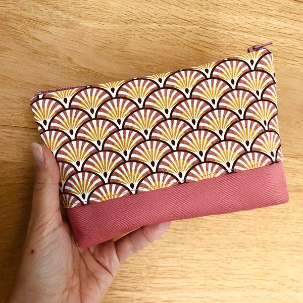 pochette tissu doublée bicolore vieux rose imprimé éventails