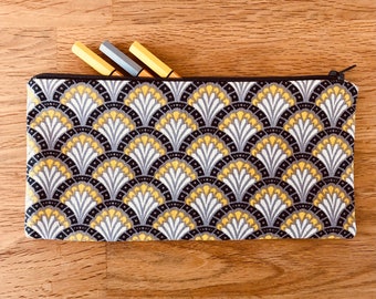 pencil case in gis and mustard fabric with fan print