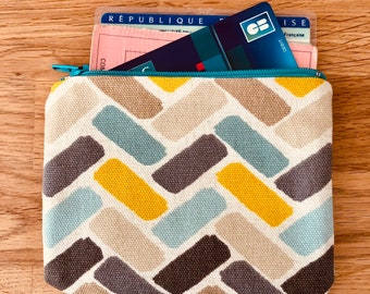 porte-monnaie tissu doublé gris, turquoise et jaune moutarde