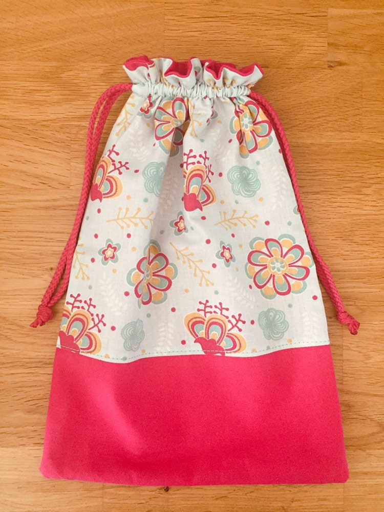 Sac en Tissu Doublé Pour Enfant, Pochon, Sac à Doudou, École ou Crèche, Rose Fuchsia et Vert Turquoi