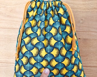 slide bag, pouch, tote bag, bulk bag blue green and yellow wax printed fabric