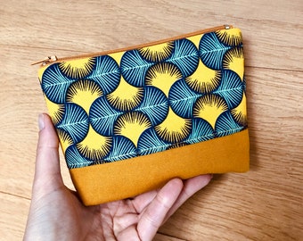 mustard yellow and blue wax fabric pouch